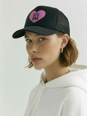 NWT BTS X Despicable Me 4 Collab Black Adjustable Truckers Hat Pink Heart